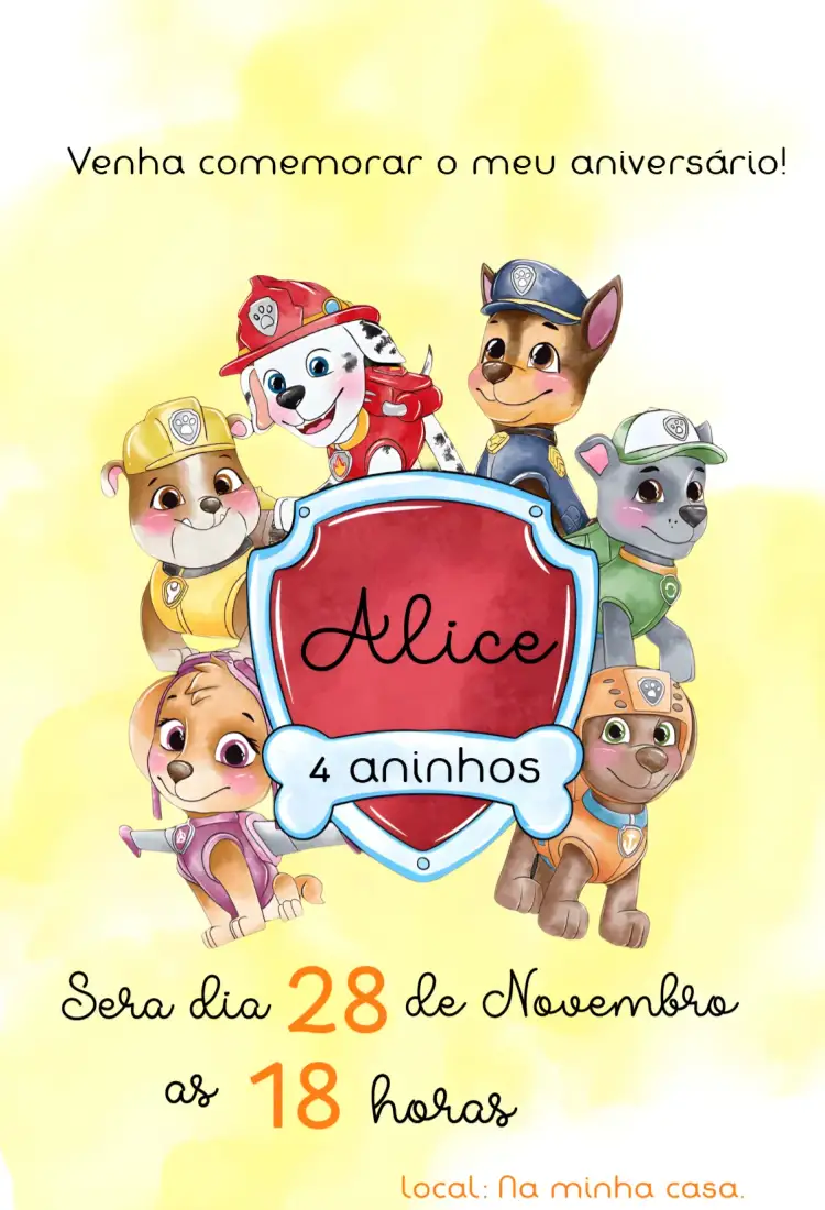 Convite Convite aniversário infantil Patrulha Canina – tema Aniversário Infantil colorido, aventura, infantil, temático, divertido, animado