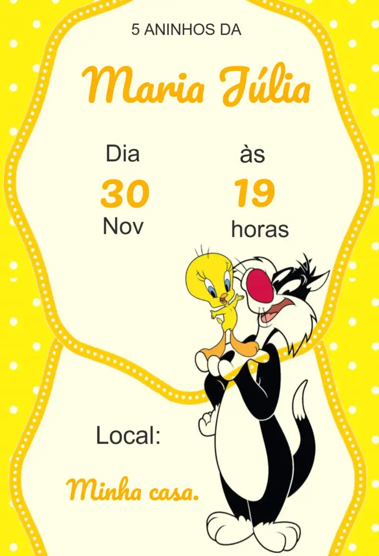 Convite Convite aniversário infantil Piu piu e Frajola – tema Aniversário Infantil desenho animado, infantil, poá