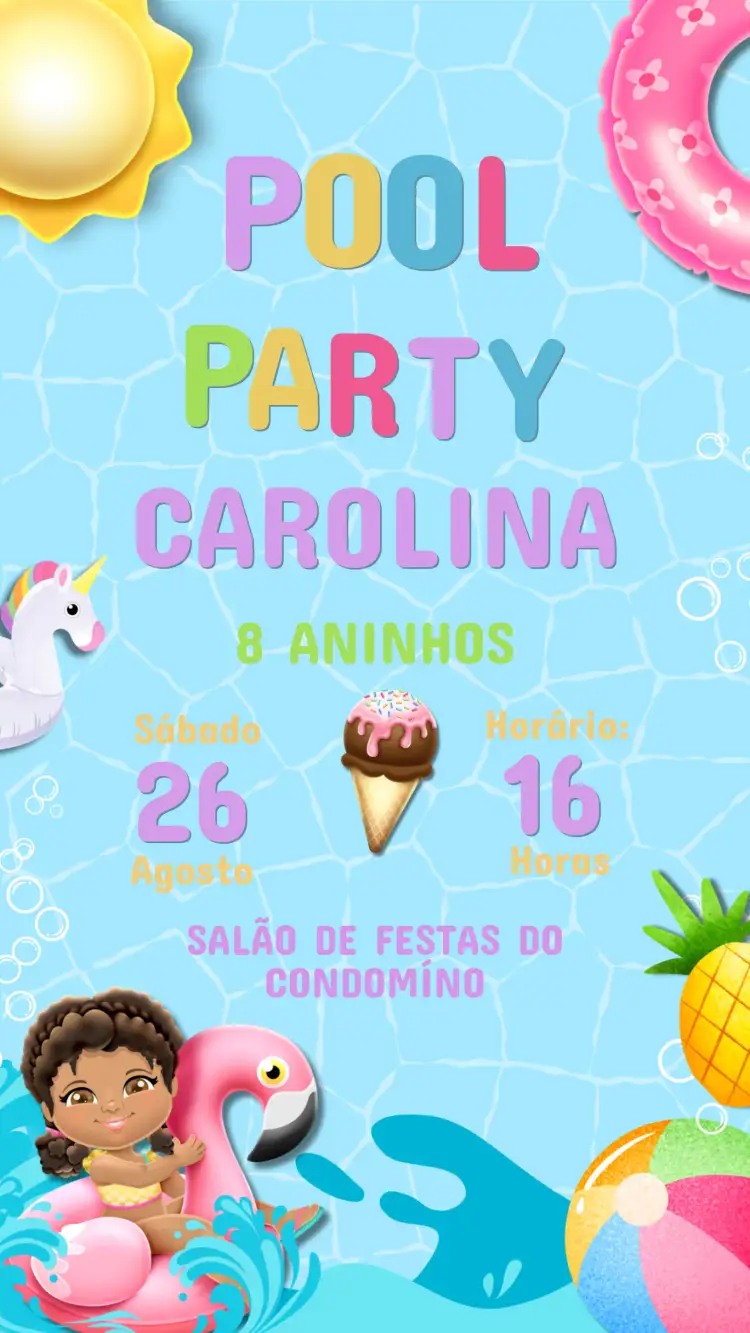 Convite Convite Aniversário Infantil Pool Party – tema Cartão colorido, tropical, verão, divertido, jovial, gráficos aquáticos