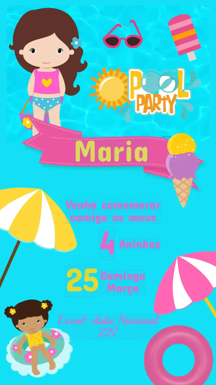 Convite Convite Aniversário Infantil POOL PARTY – tema Aniversário Infantil azul vibrante, elementos aquáticos, estilo alegre, design infantil, cores quentes, ilustrações divertidas
