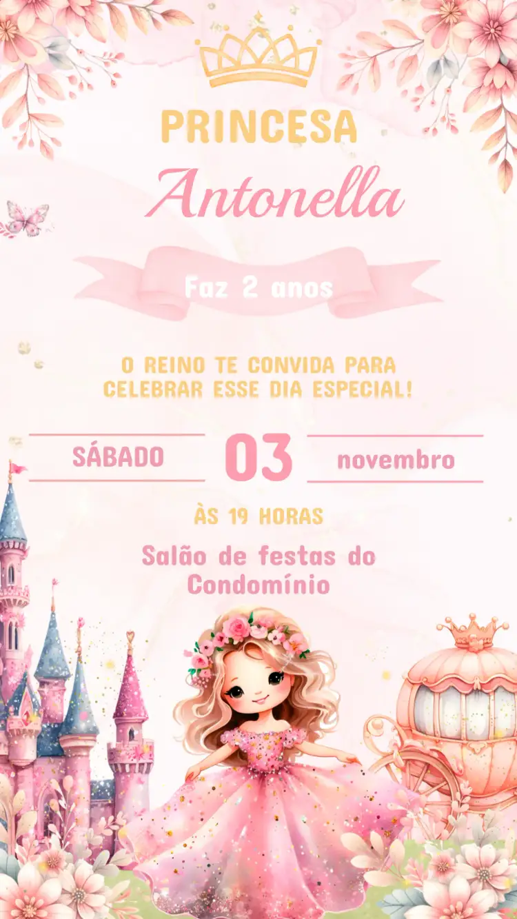 Invitation Children's Birthday Invitation Princesses – Kids' Birthday Party theme soft colors, fairy tale elements, princess illustrations, sparkling details, romantic style