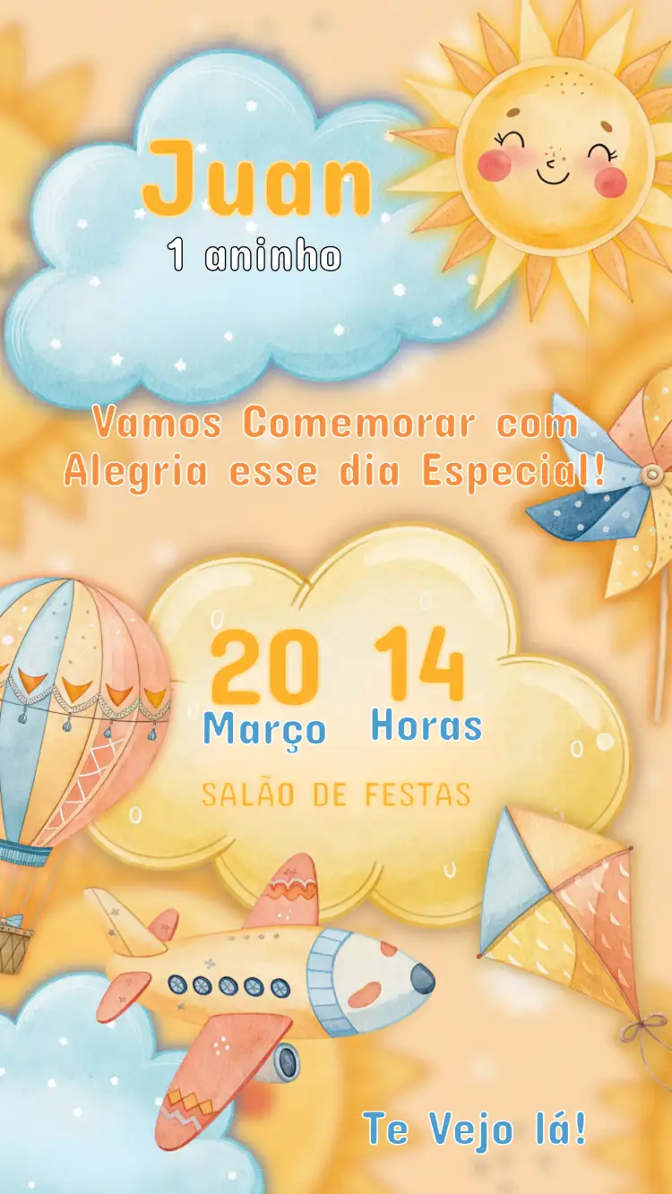 Convite Convite Aniversário Infantil Raio de Sol – tema Aniversário Infantil colorido, lúdico, verão, natureza, brilho, alegria