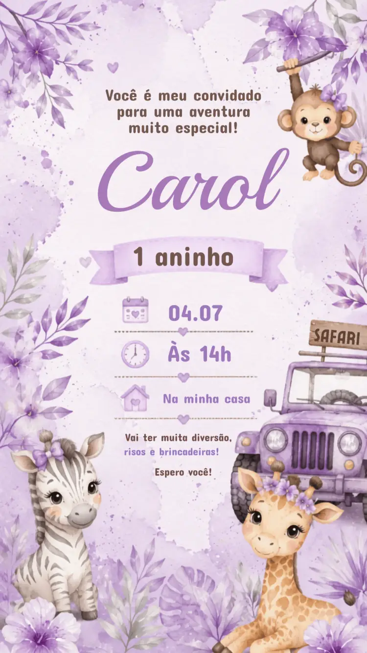 Convite Aniversário Infantil Safari aquarela lilás