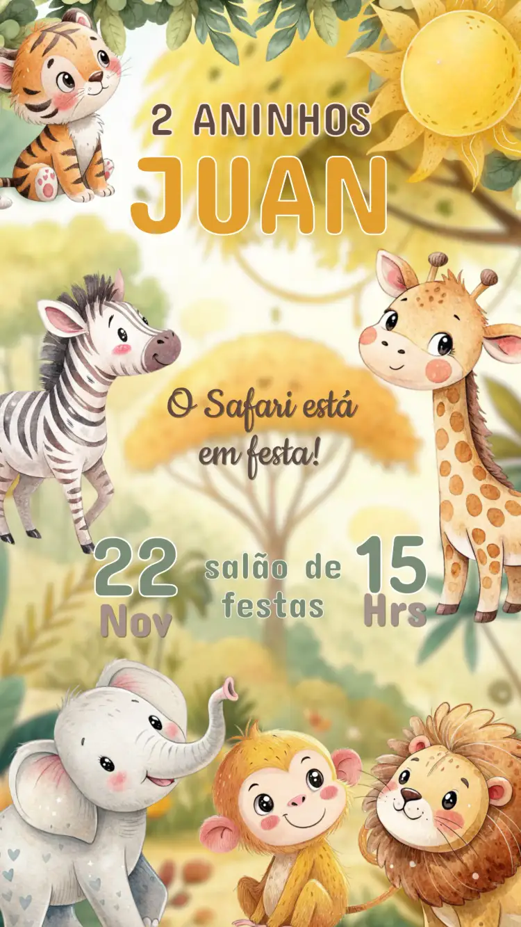 Convite Convite Aniversário Infantil Safari – tema Aniversário Infantil selva, animais, cores vibrantes, aquarela, divertido, colorido