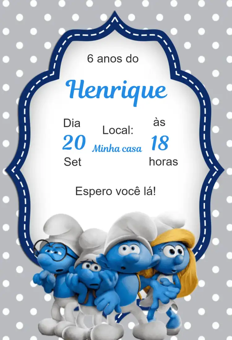 Convite aniversário infantil Smurfs