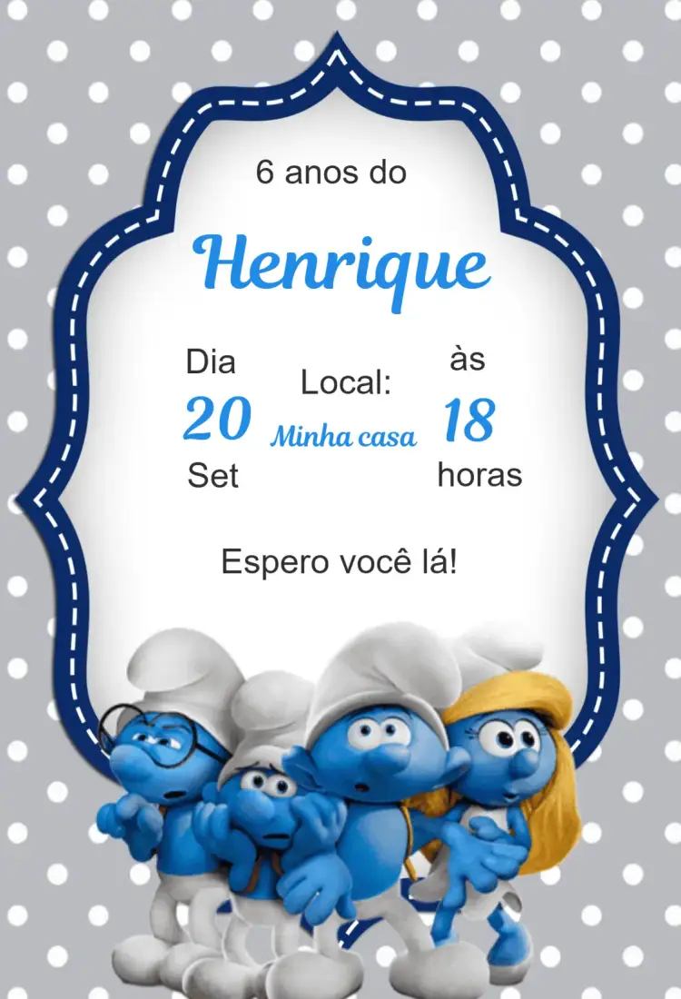 Convite Convite aniversário infantil Smurfs – tema Aniversário Infantil colorido, divertido, infantil, ilustrações dos Smurfs, estilo cartoon, festa temática