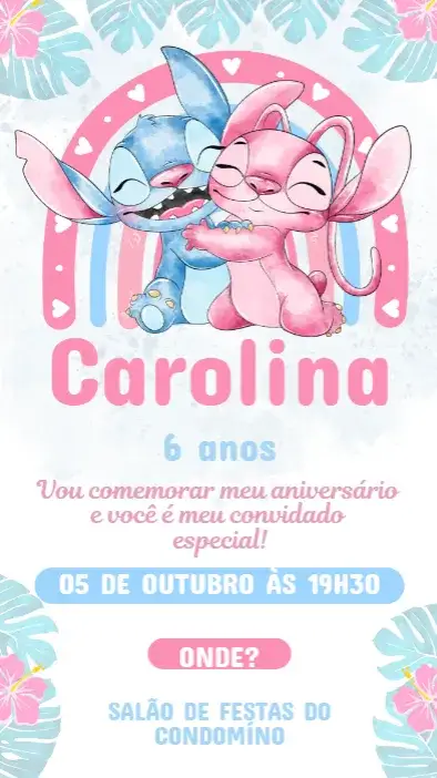 Convite Convite Aniversário Infantil Stich Angel para Editar – tema Aniversário Infantil colorido, lúdico, divertido, moderno, infantil, temático