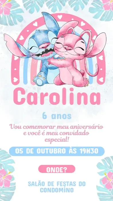 Convite Aniversário Infantil Stich Angel para Editar