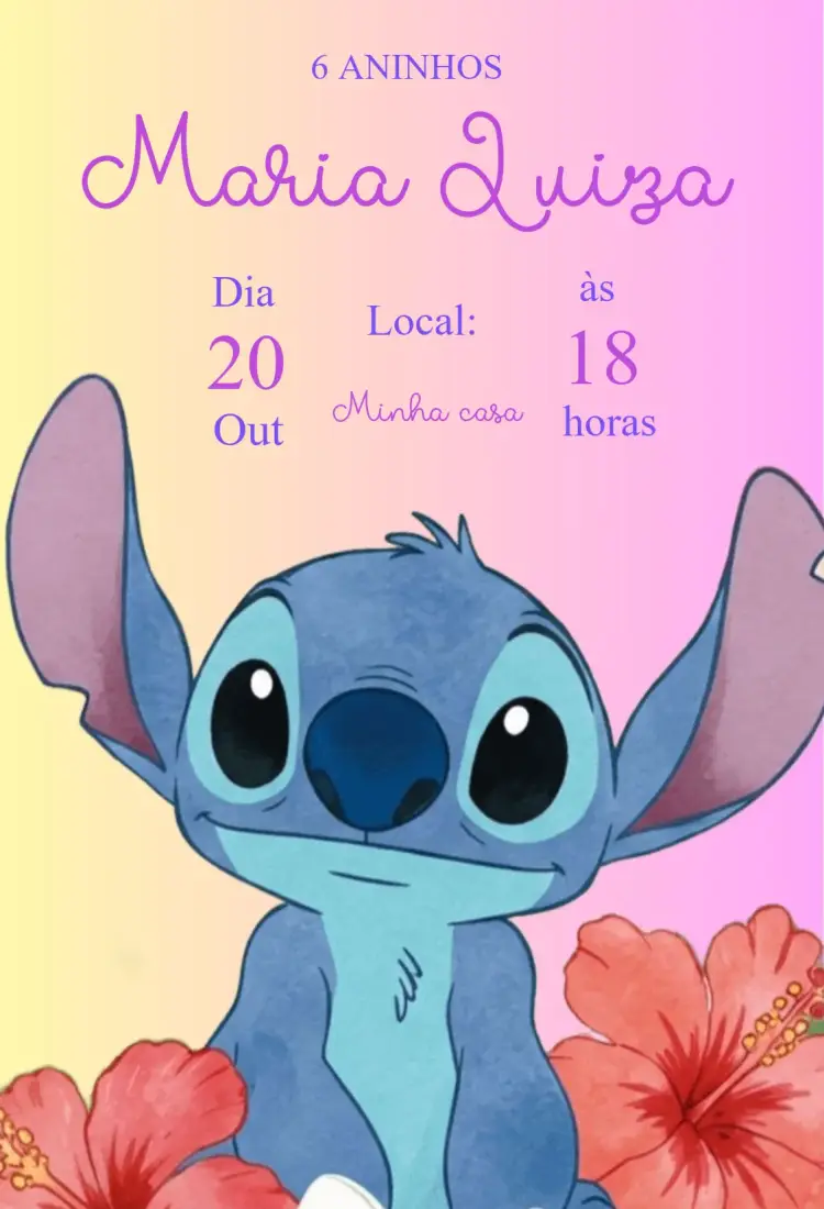 Convite aniversário infantil Stitch com flor