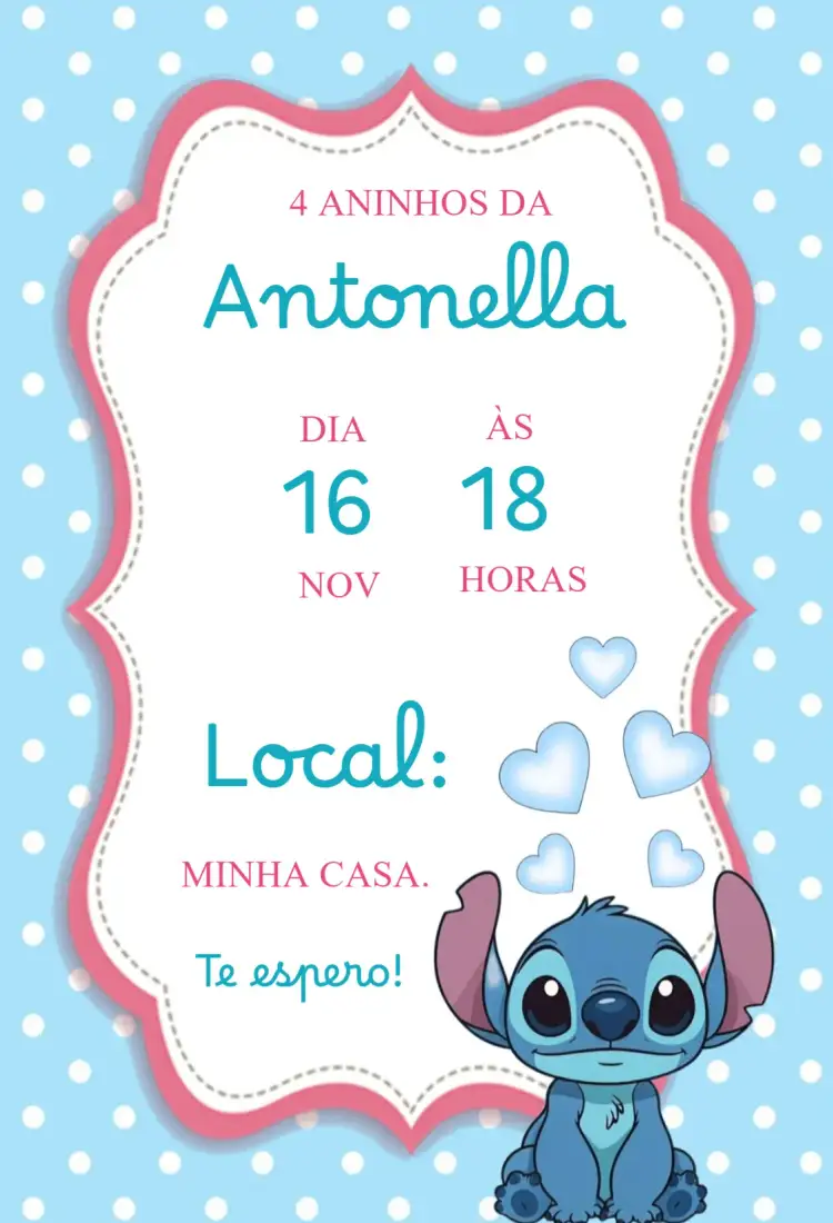 Convite Convite aniversário infantil Stitch menina – tema Aniversário Infantil colorido, divertido, temático, infantil, lúdico