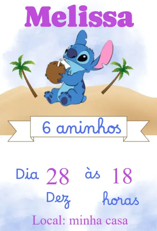 Convite Convite aniversário infantil Stitch Praia – tema Aniversário Infantil praia, verão, divertido, colorido, tropical