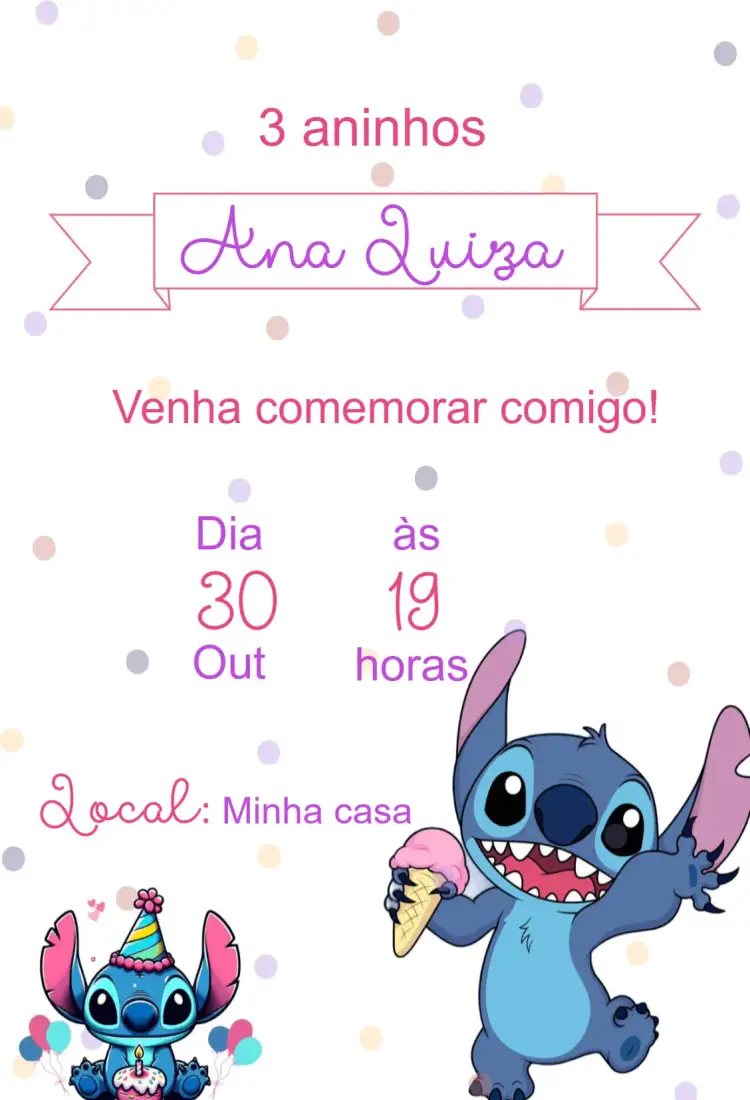 Convite Convite aniversário infantil Stitch – tema 15 anos colorido, divertido, temático, lúdico, animado