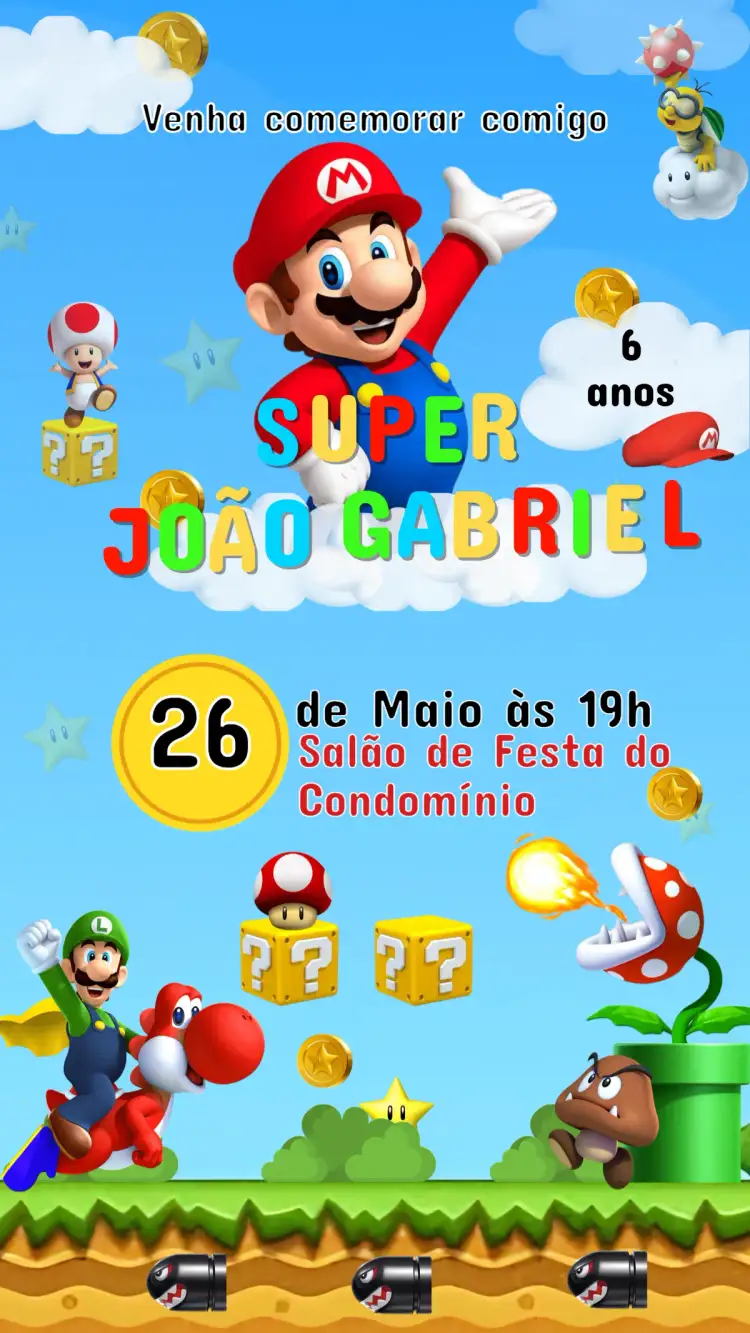 Convite Convite Aniversário Infantil Super Mario – tema Aniversário Infantil colorido, lúdico, jogos, aventura, vintage, divertido