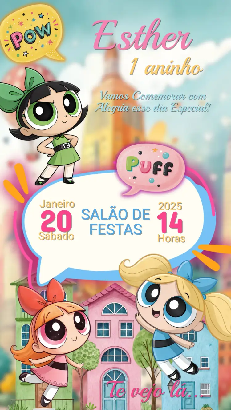 Convite Convite Aniversário Infantil Super Poderosas – tema Aniversário Infantil colorido, divertido, heroico, moderno, ilustração animada