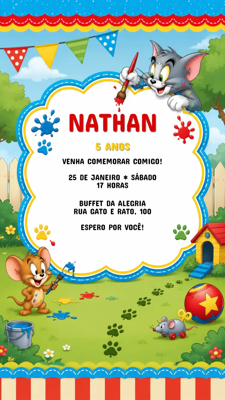 Convite Convite Aniversário Infantil TOM E JERRY – tema Aniversário Infantil colorido, divertido, vintage, animado, infantil, ilustrativo