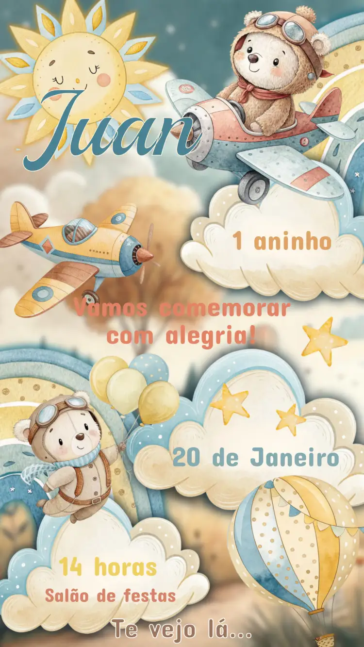 Convite Convite Aniversário Infantil Ursinho Aviador – tema Aniversário Infantil cores suaves, ilustrações lúdicas, tema de aventura, design encantador, estilo infantil, elementos gráficos divertidos