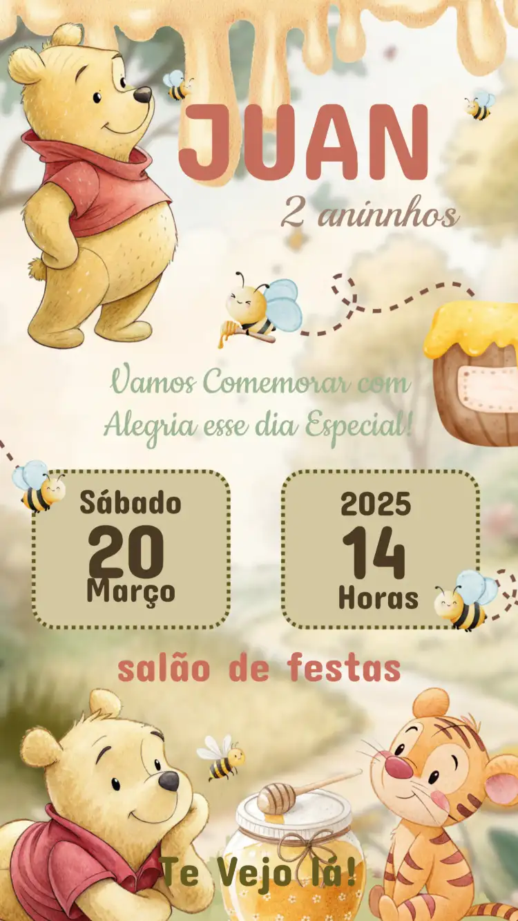 Convite Aniversário Infantil Ursinho Pooh