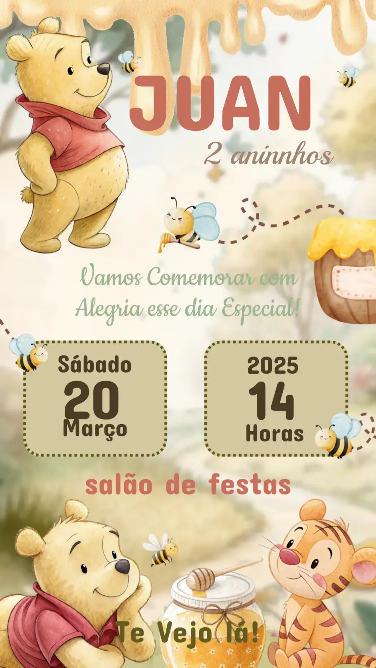 Convite Aniversário Infantil Ursinho Pooh