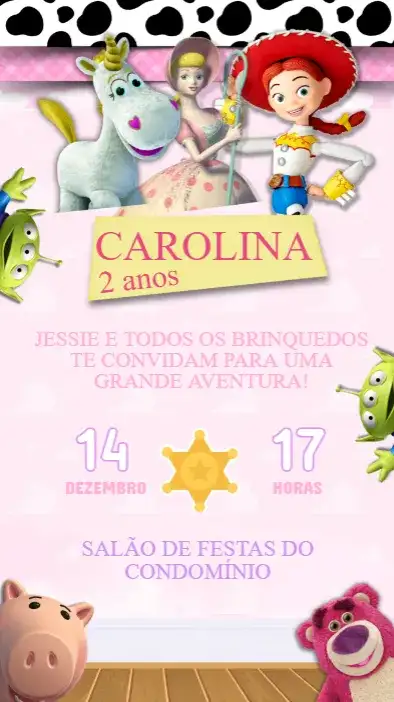 Convite Aniversário Digital Toy Story Menina Rosa para editar