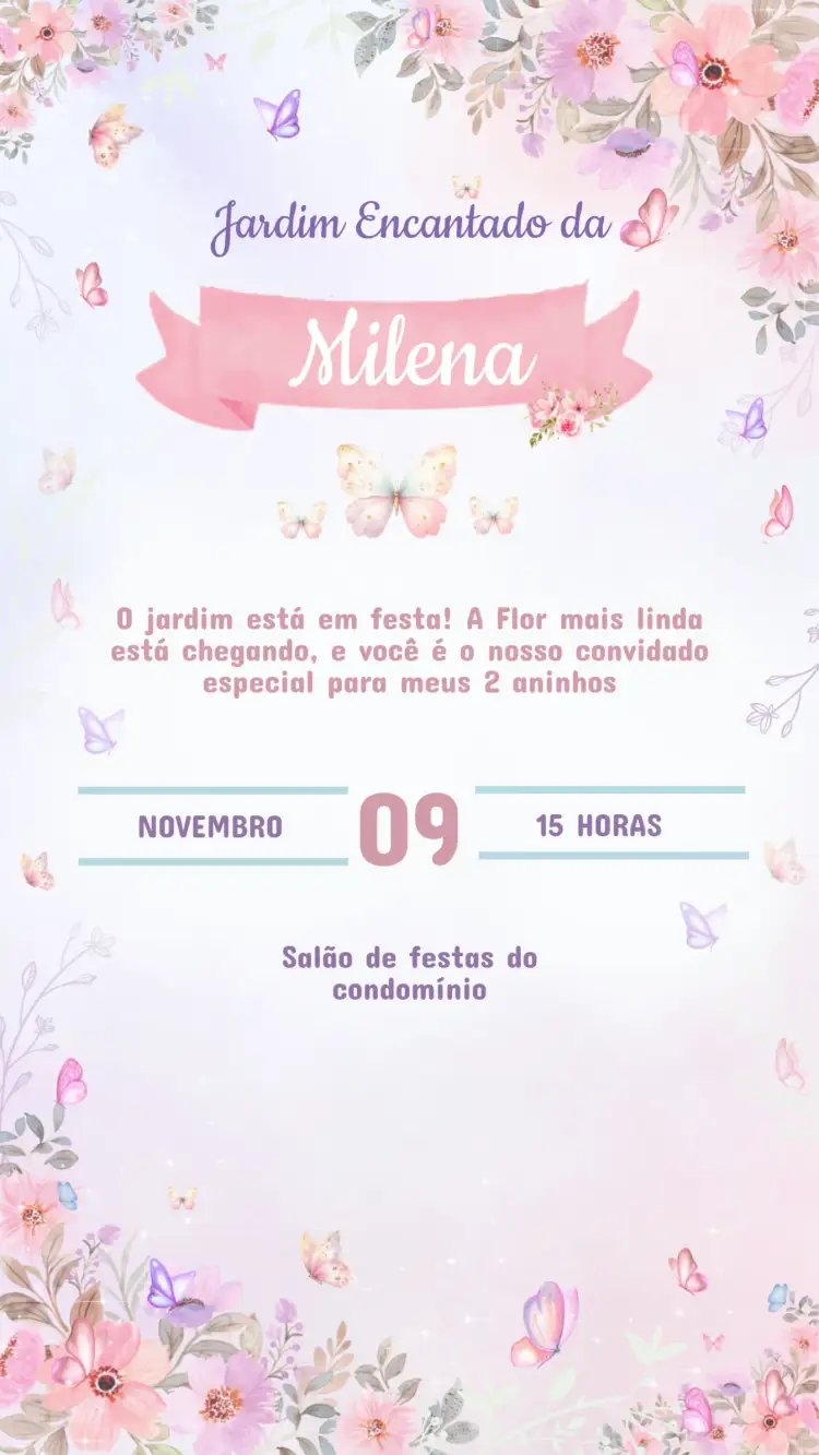 Convite Convite Aniversário JARDIM DAS BORBOLETAS – tema Aniversário Infantil colorido, floral, lúdico, alegre, infantil