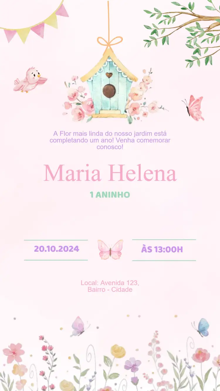 Convite Convite Aniversário Jardim Encantado – tema Aniversário Infantil flores coloridas, elementos mágicos, estilo lúdico, cores vibrantes, design infantil, inspirado na natureza