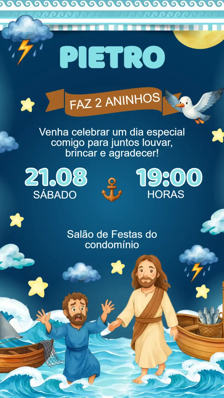 Convite Convite Aniversário Jesus andando sobre as águas – tema Aniversário Infantil colorido, lúdico, religioso, moderno, infantil