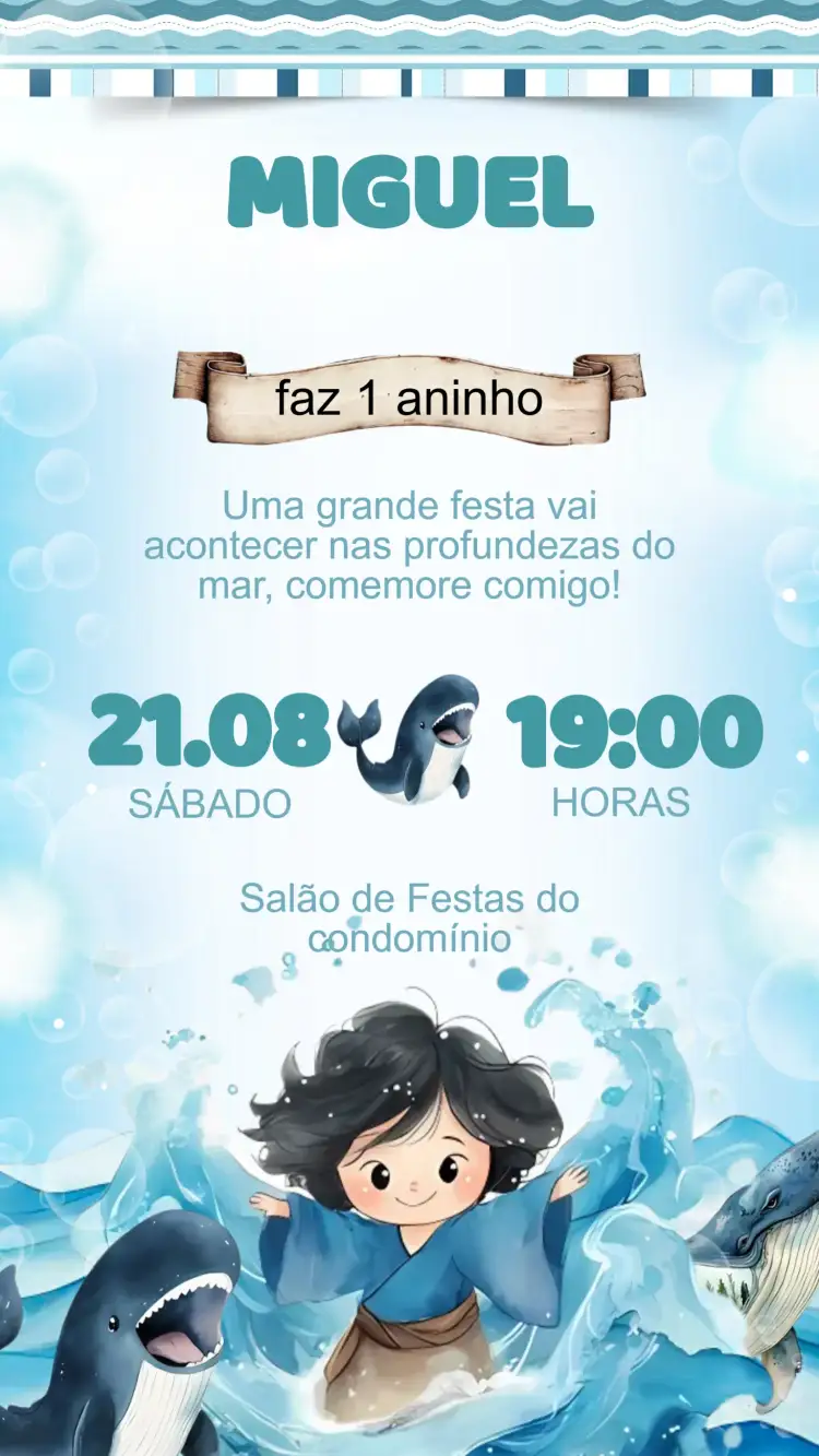 Convite Convite Aniversário Jonas e a Baleia – tema Aniversário Infantil marinho, colorido, lúdico, divertido, ilustrações infantis, temático
