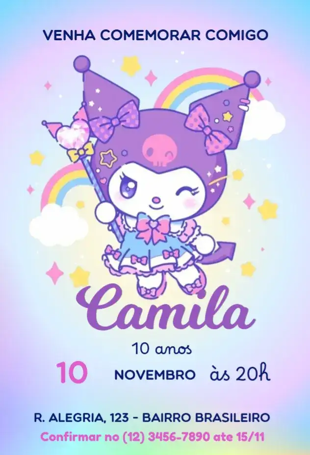 Convite Aniversário Kuromi Arco-íris