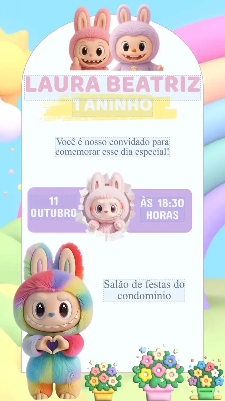 Convite Convite Aniversário Labubu – tema Aniversário Infantil cores alegres, estilo lúdico, personagens infantis, design vibrante, elementos gráficos divertidos, tema de festa