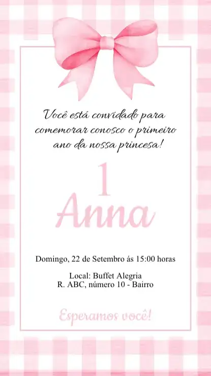 Convite Convite Aniversário Laço Rosa – tema Aniversário Infantil rosa, delicado, princesa, fadas, floral, moderno