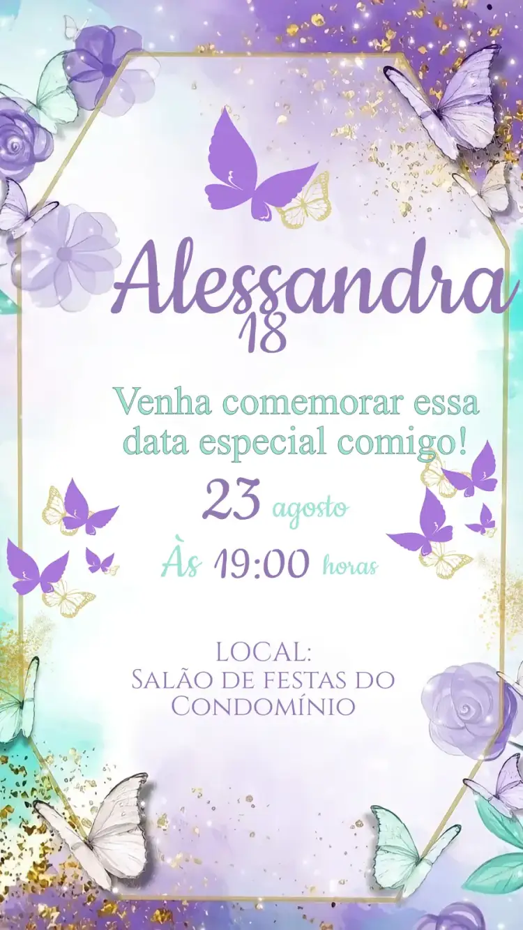 Convite Convite Aniversário lavanda Floral e borboletas – tema Aniversário floral, romântico, primavera, delicado, elegante, natureza