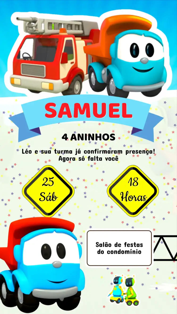 Convite Convite Aniversário Léo o Caminhão – tema Aniversário Infantil cores vibrantes, estilo moderno, elementos gráficos de caminhão, tema lúdico, design infantil, ilustrações divertidas