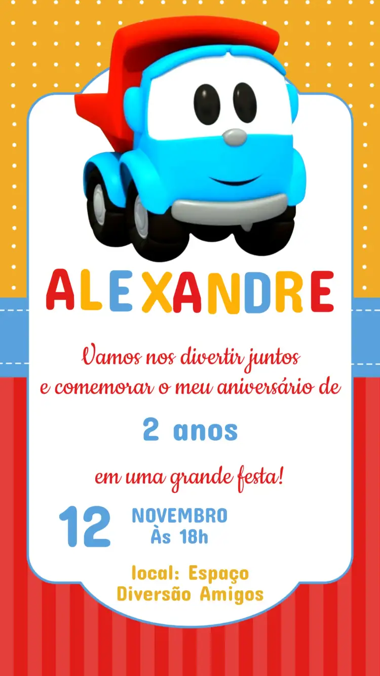 Convite Convite Aniversário Léo o Caminhão – tema Aniversário Infantil cores vibrantes, ilustrações de caminhões, estilo moderno, elementos gráficos divertidos, design infantil, temática de aventura