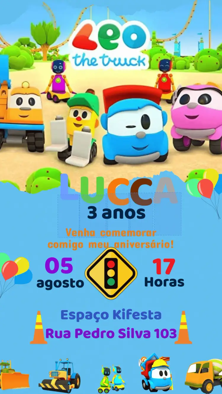Convite Convite Aniversário Léo o Caminhão – tema Aniversário Infantil caminhão, colorido, divertido, infantil, ilustrações, temática de veículos