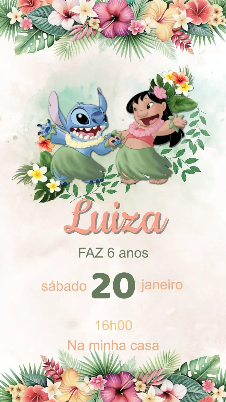 Convite Convite Aniversário Lilo e Stitch – tema Aniversário Infantil tropical, colorido, divertido, havaiano, infantil
