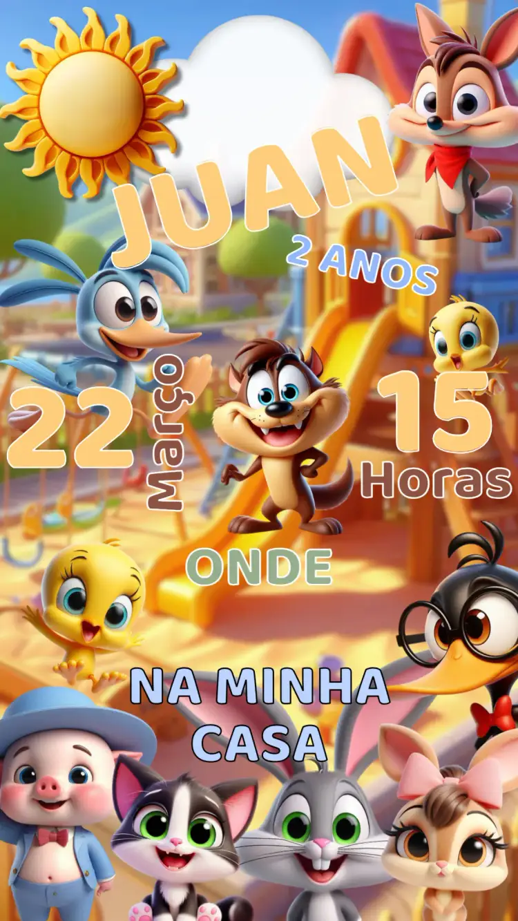 Convite Convite Aniversário Looney Tunnes – tema Aniversário Infantil colorido, divertido, ilustrações animadas, estilo cartoon, temática de desenho animado