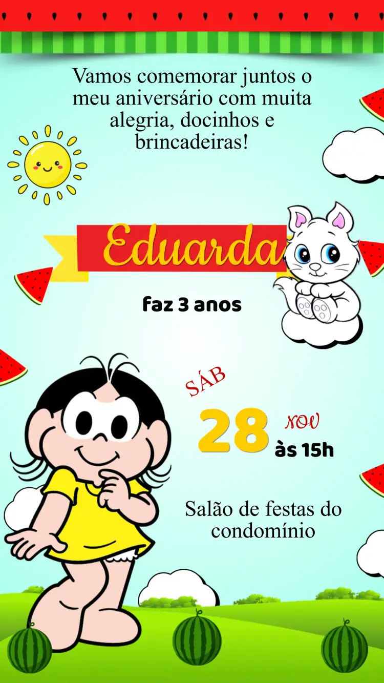 Convite Convite Aniversário Magali – tema Aniversário Infantil colorido, lúdico, divertido, infantil, turma da mônica, frutas