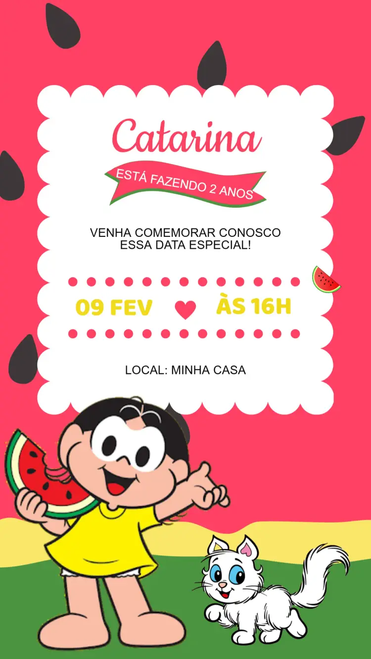 Convite Convite Aniversário Magali Turma da Mônica editável e personalizável
