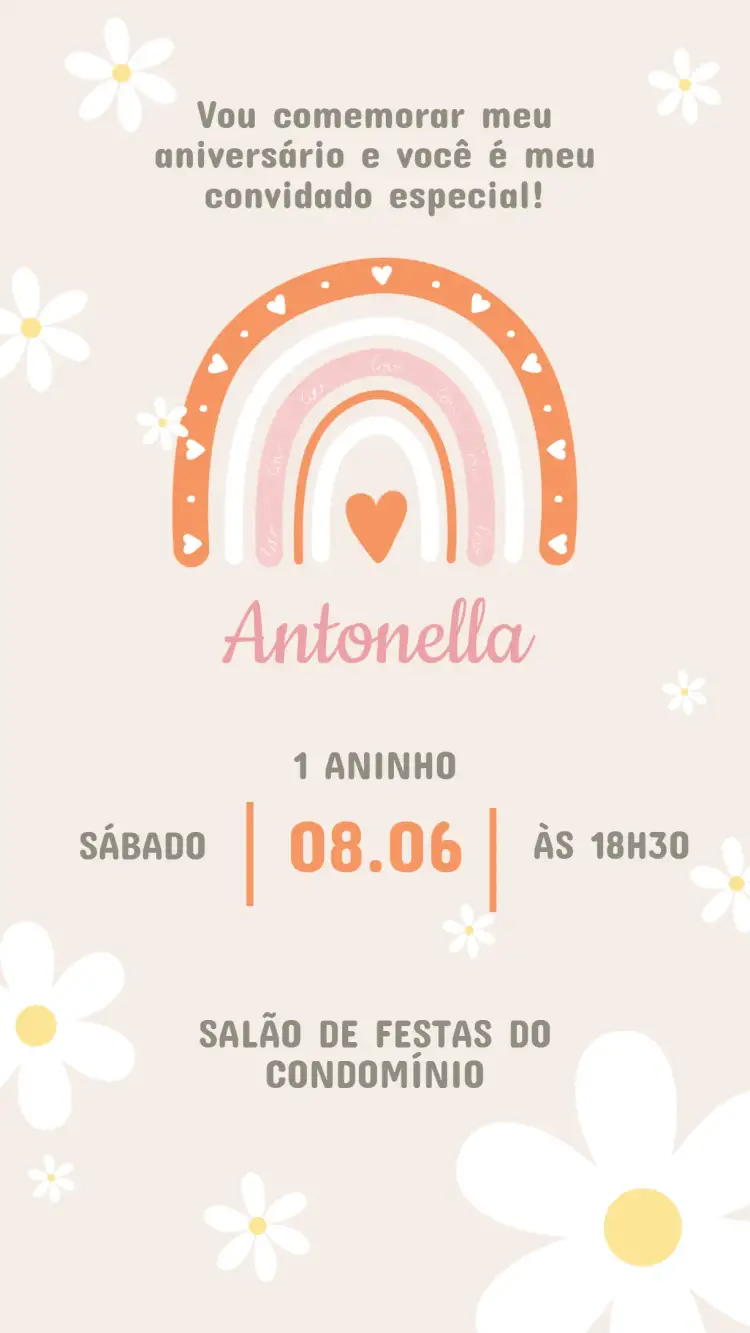Convite Convite Aniversário Margaridas – tema Aniversário Infantil floral, colorido, delicado, infantil, alegre, vibrante