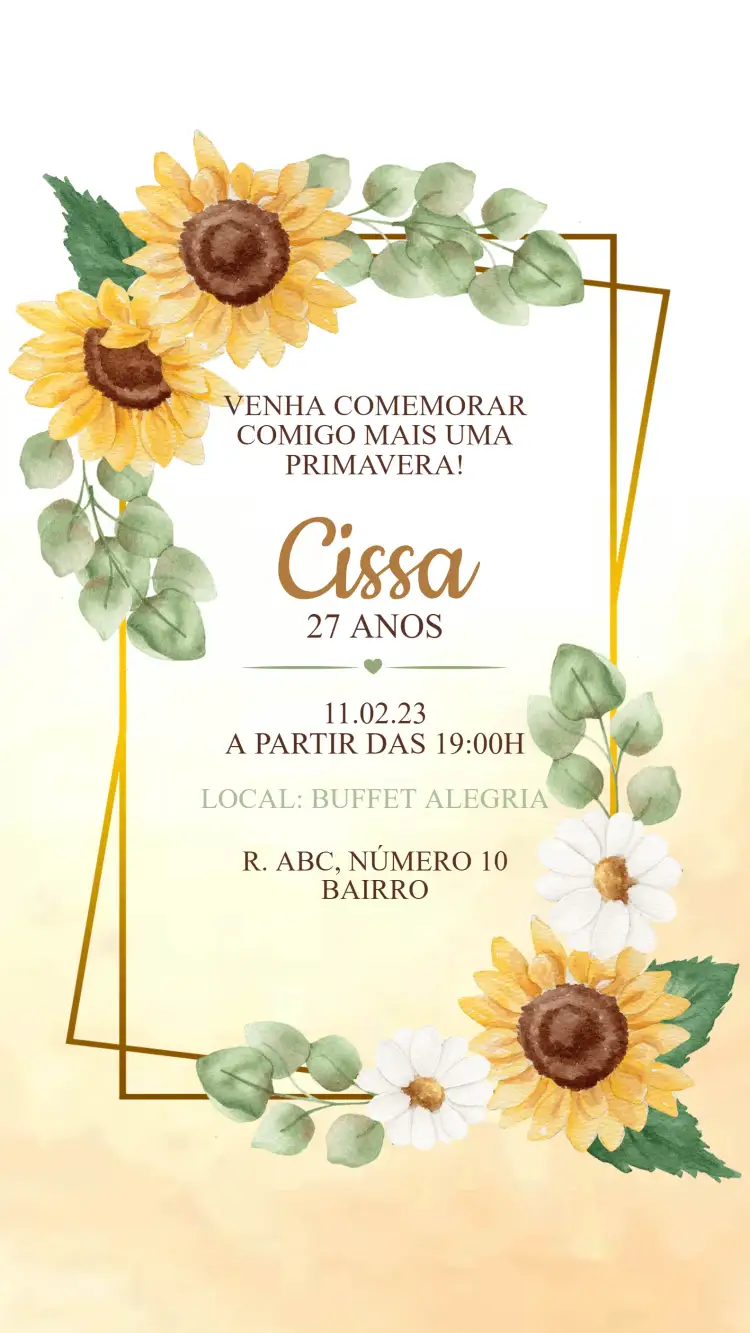 Convite Convite Aniversário Margaridas – tema Aniversário floral, moderno, vibrante, elegante, natural, colorido