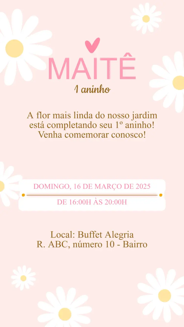 Convite Convite Aniversário Margaridas – tema Aniversário Infantil floral, colorido, divertido, alegre, infantil, moderno