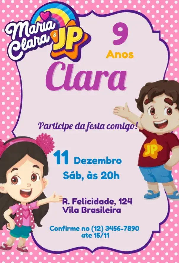 Convite aniversário Maria Clara e JP