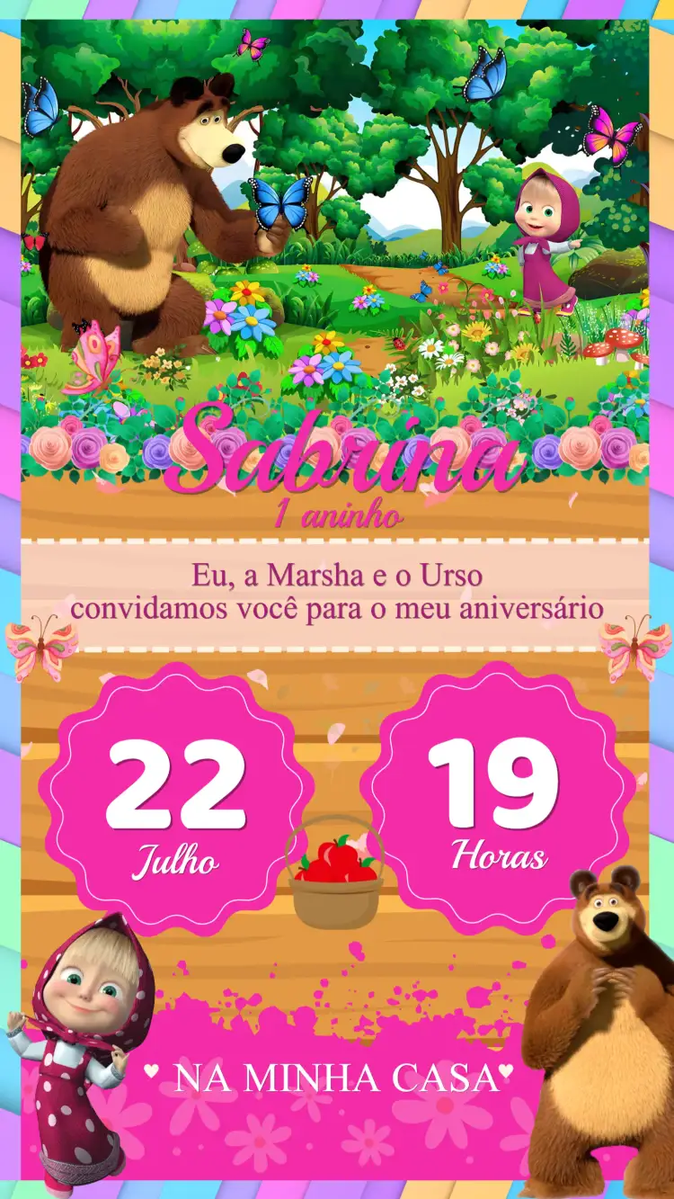 Convite Convite Aniversário Masha e o Urso – tema Aniversário Infantil colorido, divertido, ilustrações de desenho animado, estilo lúdico, tema de amizade, estilo moderno