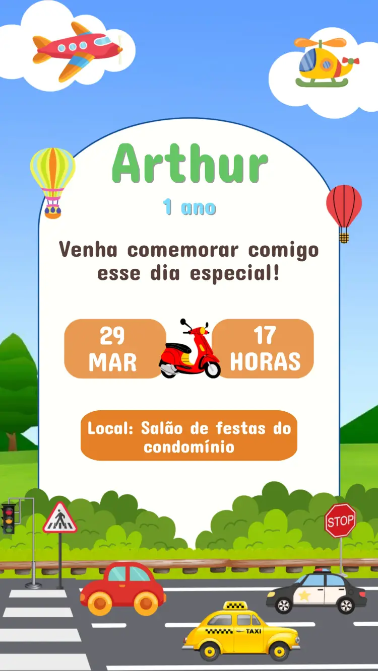 Convite Aniversário Meios de Transporte