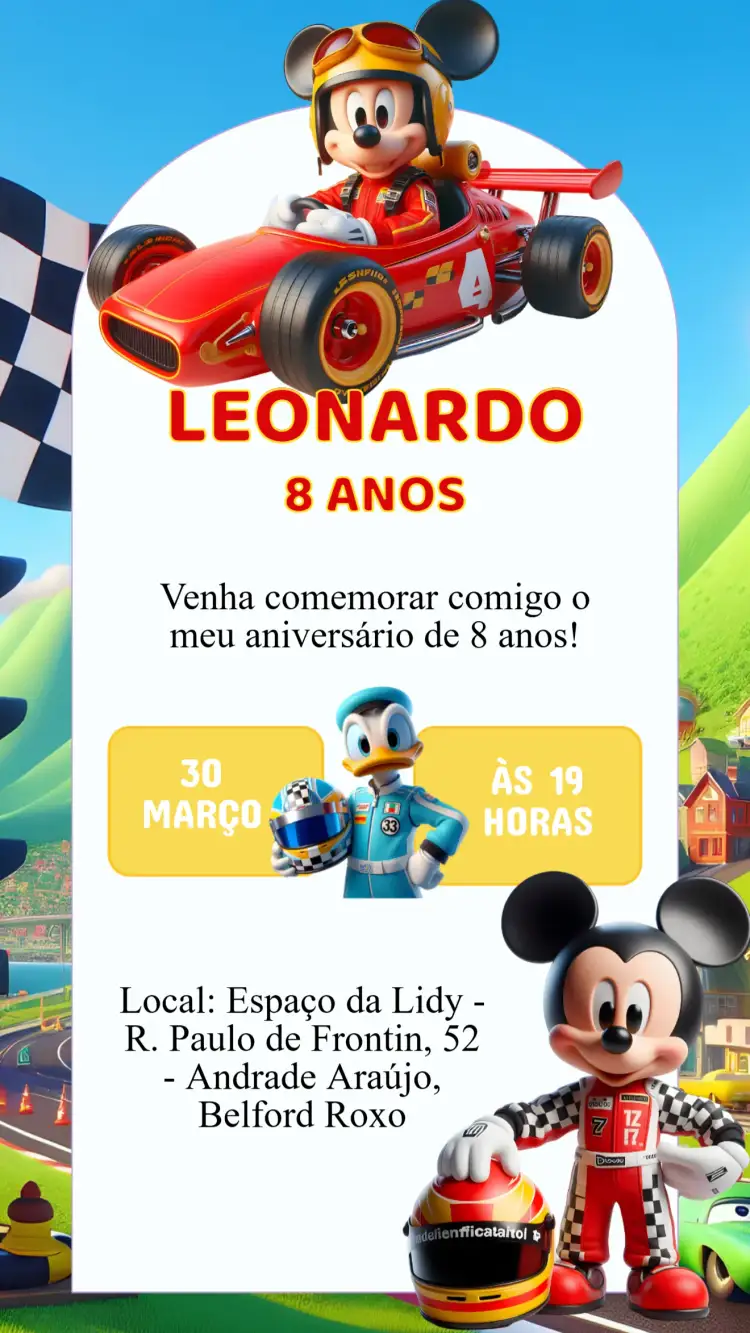 Convite Convite Aniversário Mickey Aventura Sobre Rodas IA – tema Aniversário Infantil colorido, divertido, aventura, infantil, moderno