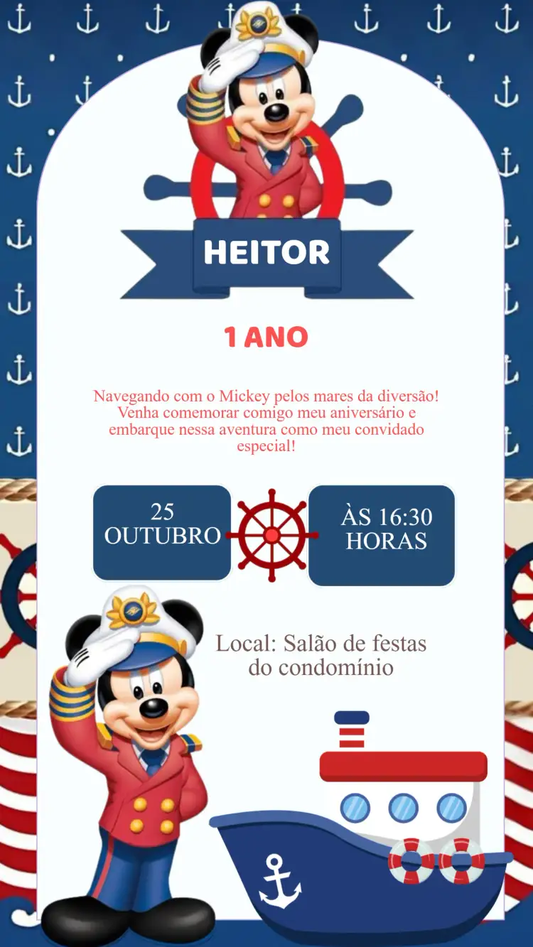 Convite Convite Aniversário Mickey Marinheiro – tema Aniversário Infantil náutico, colorido, divertido, infantil, Disney