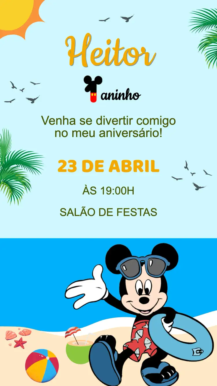 Convite Aniversário Mickey na Praia