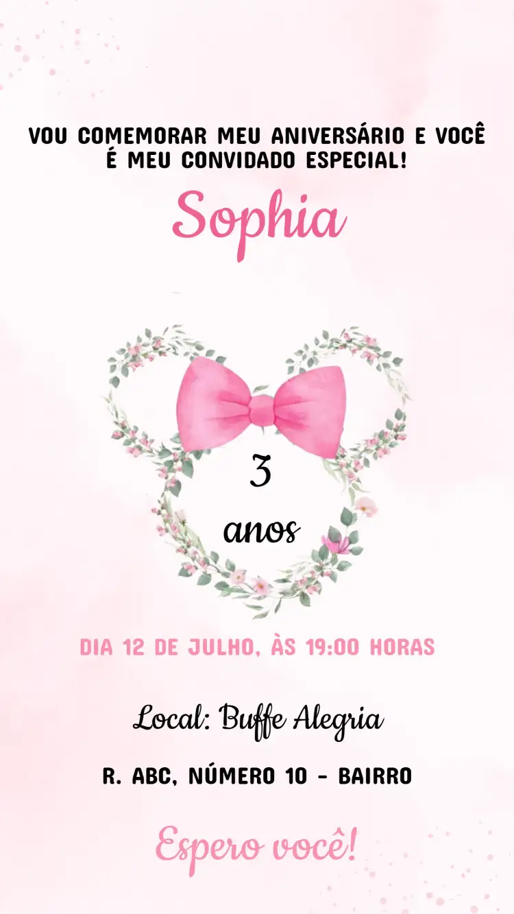 Convite Convite Aniversário Minnie – tema Aniversário Infantil cores vibrantes, estilo Disney, elementos gráficos divertidos, tema rosa e amarelo, design lúdico, motivos infantis