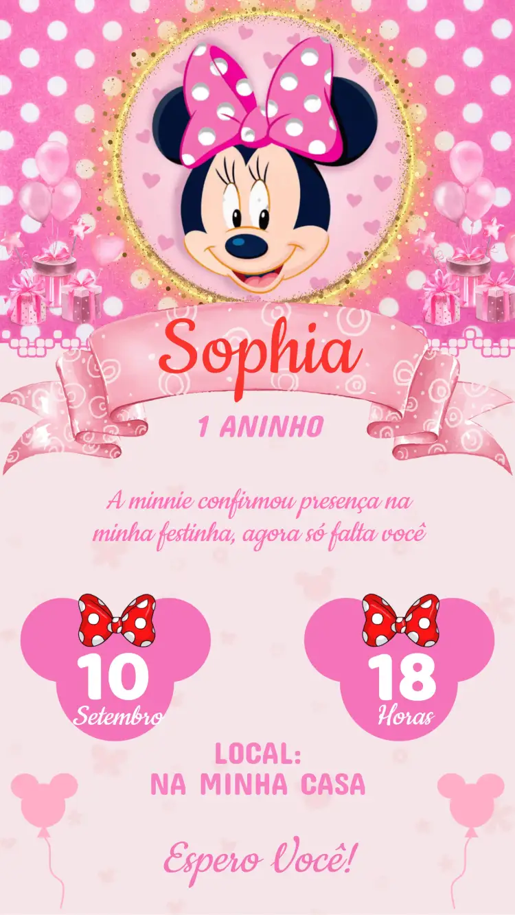 Convite Convite Aniversário Minnie – tema Aniversário Infantil Minnie, personagem, infantil