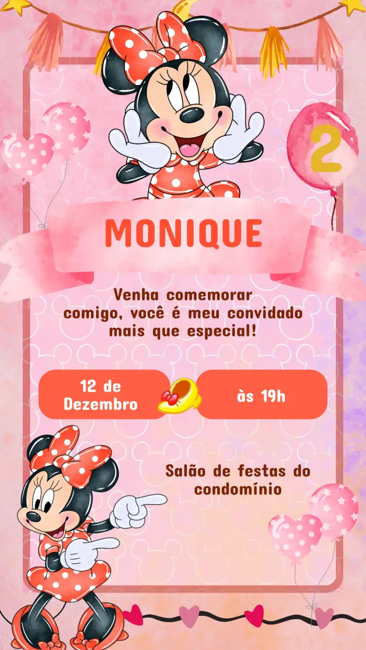 Convite Convite Aniversário Minnie – tema Aniversário Infantil cores rosa e vermelho, estilo lúdico, elementos gráficos da Disney, design alegre, tema de personagens, inspirado na Minnie